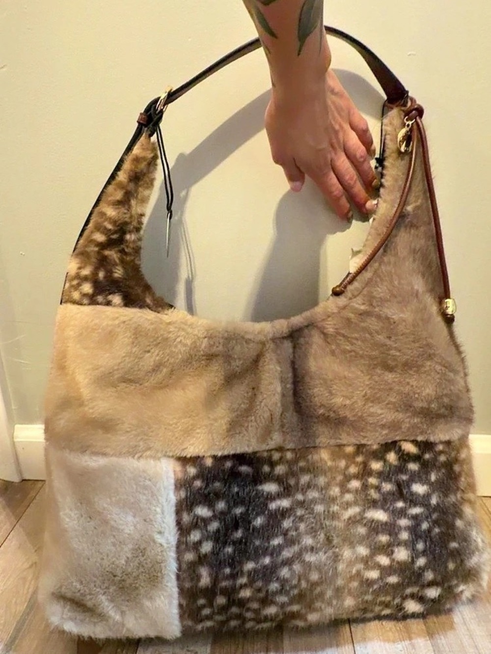 BCBG Fawn Faux Fur Patchwork Hobo Bag